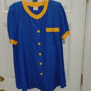 Blue and Yellow Button-Up Maternity Blouse And Pants.